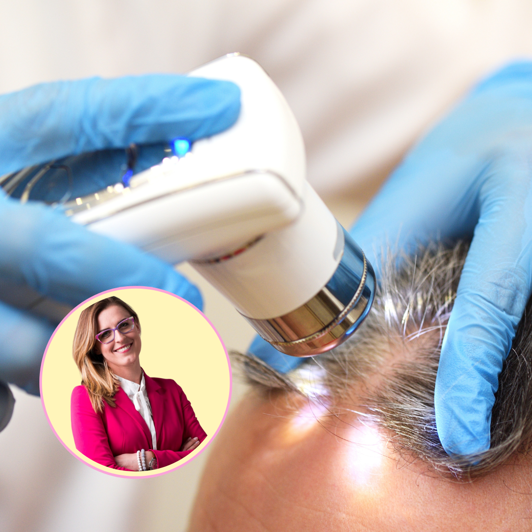 A medical professional examines a patient's scalp with a specialized device, likely for hair or scalp treatment. In the top corner, an inset shows a smiling woman in a pink blazer, possibly the expert of trichology.